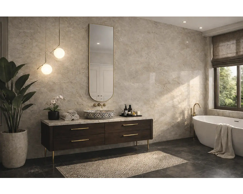 Modernes Badezimmer mit Wandfliesen in Marmoroptik, dunklem Waschtisch mit Aufsatzbecken, ovalem Spiegel und einer freistehenden Badewanne.