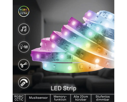 LED-Streifen RGBIC CCT mit Musiksensor, Memory-Funktion, alle 20 Zentimeter kürzbar und stufenlos dimmbar.