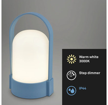 Blaue tragbare LED-Tischleuchte für außen, Tragegriff, warmweißes Licht 3000 Kelvin, Stufendimmer und spritzwassergeschützt Schutzart IP44.