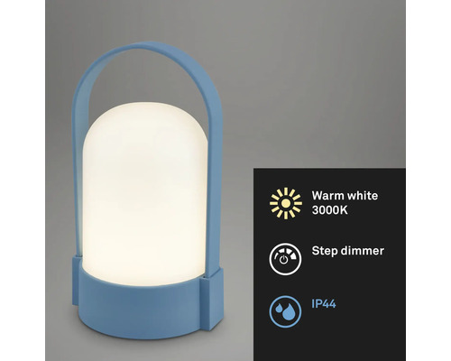 Blaue tragbare LED-Tischleuchte für außen, Tragegriff, warmweißes Licht 3000 Kelvin, Stufendimmer und spritzwassergeschützt Schutzart IP44.