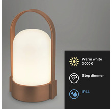 Tragbare kupferfarbene LED Tischleuchte mit Tragegriff, warmweißes Licht 3000 Kelvin, Stufendimmer, Schutzart IP44.