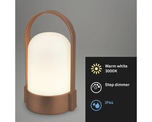 Tragbare kupferfarbene LED Tischleuchte mit Tragegriff, warmweißes Licht 3000 Kelvin, Stufendimmer, Schutzart IP44.