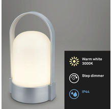 Tragbare LED-Tischleuchte mit silberfarbenem Gehäuse und Griff, warmweißes Licht 3000 Kelvin, Stufendimmer und Schutzart IP44.