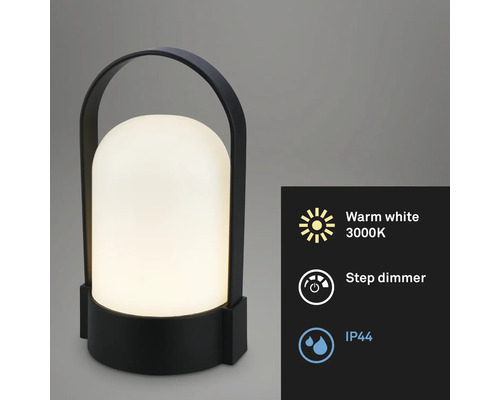 Tragbare Außenleuchte mit Griff, warmweißes Licht 3000 Kelvin, Stufendimmer und Schutzart IP44.