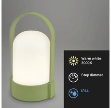 Tragbare LED Tischleuchte mit Tragegriff, warmweißes Licht 3000 Kelvin, Stufendimmer und Schutzart IP44.