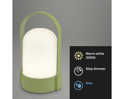 Tragbare LED Tischleuchte mit Tragegriff, warmweißes Licht 3000 Kelvin, Stufendimmer und Schutzart IP44.