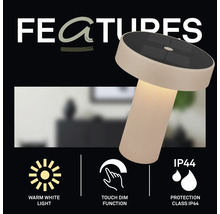 Solar-LED-Tischleuchte mit warmweißem Licht, Touch-Dimmfunktion und Schutzart IP44.