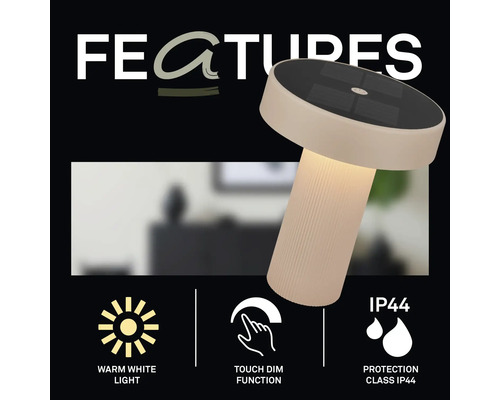 Solar-LED-Tischleuchte mit warmweißem Licht, Touch-Dimmfunktion und Schutzart IP44.