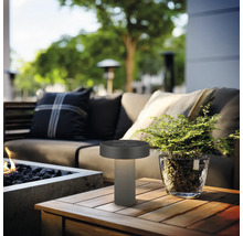 Moderne Außen-Tischleuchte auf einem Holztisch in einer organisierten Garten-Lounge mit Sofa, Pflanze und Feuerstelle.