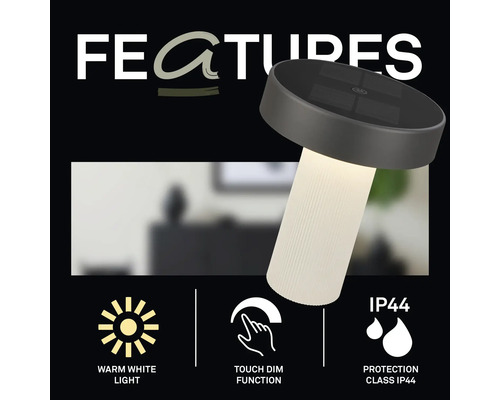 Pilzförmige Lampe mit warmweißem Licht, Touch-Dimmfunktion und Schutzart IP44.