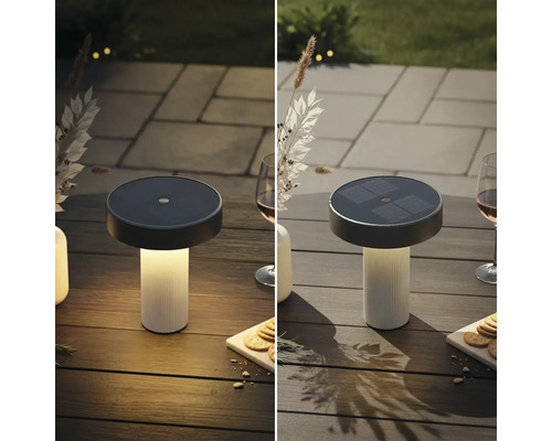 Solar-LED-Tischleuchte für den Außenbereich, modernes Design mit geriffeltem Fuß, dargestellt auf einem Holztisch bei Tag und Nacht.