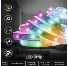 LED-Streifen RGBIC CCT mit Musiksensor, Memory-Funktion, alle 20 Zentimeter kürzbar und stufenlos dimmbar.