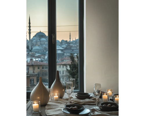 Gedeckter Tisch mit Keramikvasen, Gläsern und Kerzen vor einem Fenster mit Blick auf eine Stadt mit Moscheen bei Dämmerung.