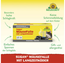 Neudorff Logo. Neudorff Sugan Mäusefalle mit Langzeitköder. Giftfrei und einfach zu spannen. Die Verpackung dient als Köderbox.