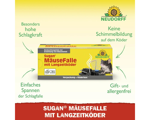 Neudorff Logo. Neudorff Sugan Mäusefalle mit Langzeitköder. Giftfrei und einfach zu spannen. Die Verpackung dient als Köderbox.
