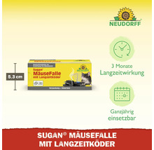 Neudorff Sugan Mäusefalle mit Langzeitköder, 5,3 Zentimeter hoch, 3 Monate Langzeitwirkung, ganzjährig einsetzbar, Neudorff Logo.