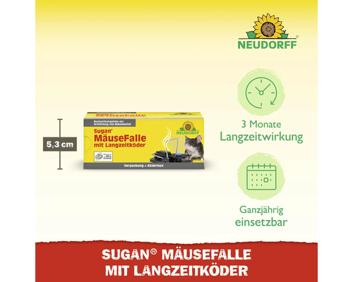 Neudorff Sugan Mäusefalle mit Langzeitköder, 5,3 Zentimeter hoch, 3 Monate Langzeitwirkung, ganzjährig einsetzbar, Neudorff Logo.
