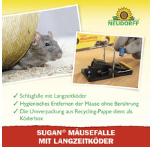 Neudorff Logo, Sugan Mäusefalle Schlagfalle mit Langzeitköder, Anwendung der hygienischen Falle mit Handschuh und Darstellung einer Maus.
