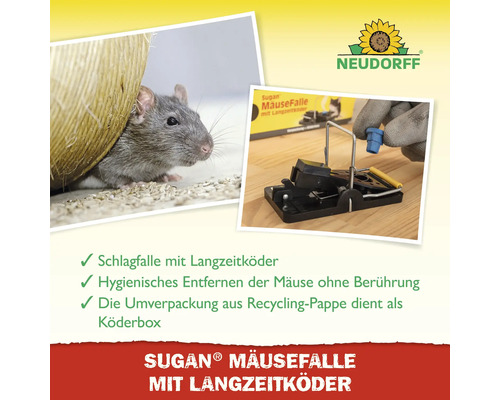 Neudorff Logo, Sugan Mäusefalle Schlagfalle mit Langzeitköder, Anwendung der hygienischen Falle mit Handschuh und Darstellung einer Maus.