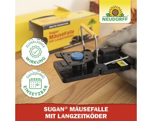 Neudorff Sugan Mausefalle aus Kunststoff mit Langzeitköder. Symbole für zuverlässige Wirkung und ganzjährigen Einsatz.