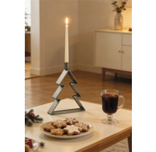 Gerippter Metall-Kerzenständer in Tannenbaumform mit brennender weißer Stabkerze auf einem Tisch neben Keksen und einem Glas Heißgetränk.