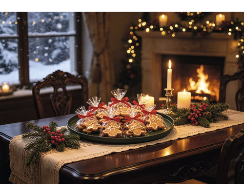 Festlich gedeckter Holztisch mit Lebkuchen in Folienbeuteln, Tannenzweigen, roten Beeren und brennenden Kerzen vor einem warmen Kaminfeuer.