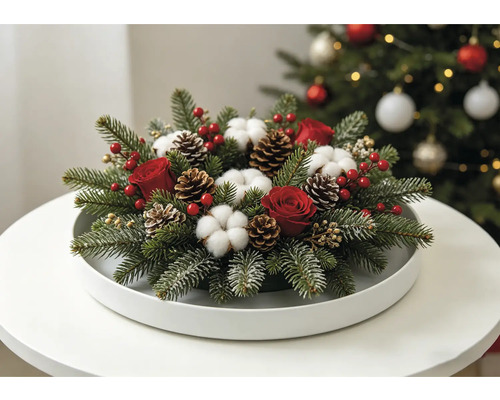 Festliches Weihnachtsgesteck mit Tannenzweigen, roten Rosen, Baumwollblüten und Tannenzapfen auf einem weißen Tablett.