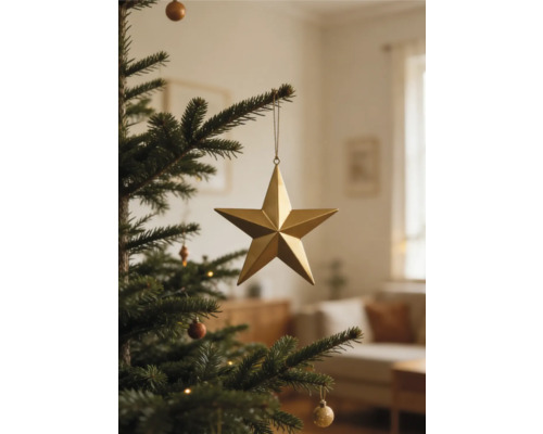 Goldener fünfzackiger Stern als Christbaumschmuck hängend an einem grünen Tannenzweig in einem hellen Wohnzimmer.
