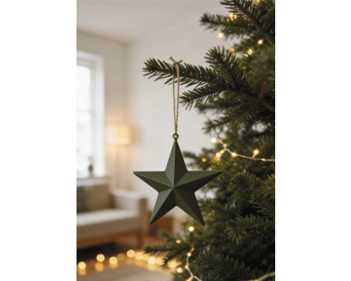 Dunkelgrüner fünfzackiger Stern als Christbaumanhänger an einem Tannenbaumzweig mit Lichterkette in einem hellen Wohnzimmer.