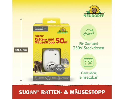 Neudorff Sugan Ratten- und Mäusestopp Ultraschallgerät, Reichweite 50 Quadratmeter, Höhe 19,4 Zentimeter, für 230 Volt Steckdosen.