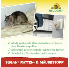 Neudorff Logo und Sugan Ratten- und Mäusestopp Ultraschallgerät in einer Steckdose neben einer Ratte mit Produktvorteilen.