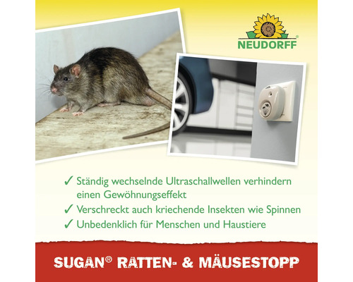 Neudorff Logo und Sugan Ratten- und Mäusestopp Ultraschallgerät in einer Steckdose neben einer Ratte mit Produktvorteilen.