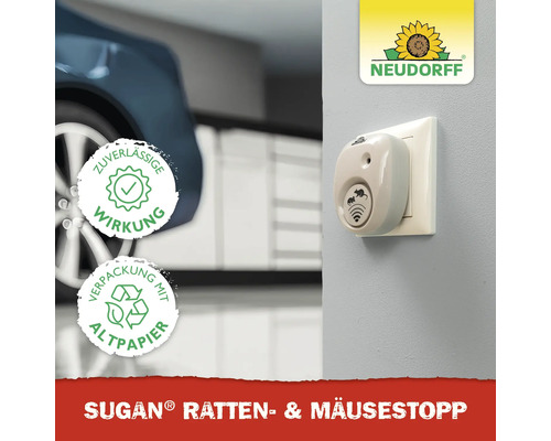 Neudorff Sugan Ratten- und Mäusestopp Ultraschall-Gerät in einer Steckdose in einer Garage, Neudorff Logo, Siegel für zuverlässige Wirkung.