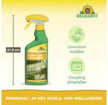 Neudorff Promanal AF Neu Sprühflasche gegen Schild- und Wollläuse, Höhe circa 27,5 Zentimeter, unverdünnt und ganzjährig einsetzbar. Neudorff Logo.