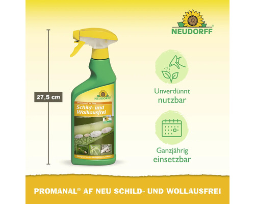 Neudorff Promanal AF Neu Sprühflasche gegen Schild- und Wollläuse, Höhe circa 27,5 Zentimeter, unverdünnt und ganzjährig einsetzbar. Neudorff Logo.