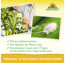 Anwendung von Neudorff Promanal AF Neu gegen Schild- und Wollläuse an einer Pflanze mit Nahaufnahme eines Schädlings und Neudorff Logo.