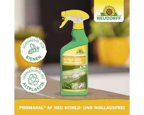 Neudorff Logo. Promanal AF Neu Schild- und Wolllausfrei Sprühflasche, bienenschonend, Verpackung aus Altplastik, ökologischer Landbau.