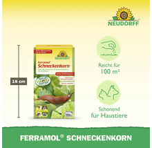 Neudorff Logo, Ferramol Schneckenkorn Packung 18 Zentimeter hoch, reicht für 100 Quadratmeter, schonend für Haustiere, keine Wartezeit bis zur Ernte.