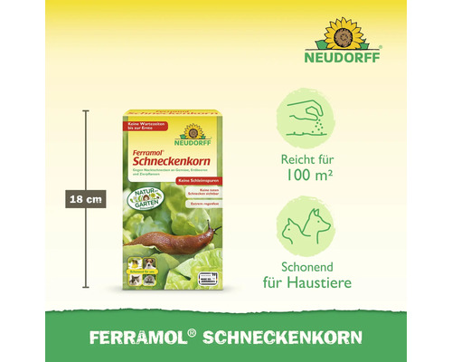 Neudorff Logo, Ferramol Schneckenkorn Packung 18 Zentimeter hoch, reicht für 100 Quadratmeter, schonend für Haustiere, keine Wartezeit bis zur Ernte.