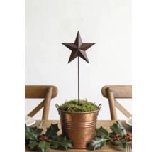 Weihnachtsdekoration mit Metallstern auf Stab in einem Kupfereimer mit Moos und Stechpalmenzweigen auf einem Holztisch.