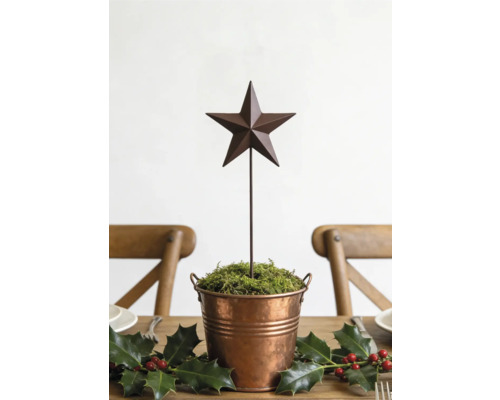 Weihnachtsdekoration mit Metallstern auf Stab in einem Kupfereimer mit Moos und Stechpalmenzweigen auf einem Holztisch.