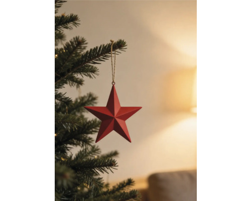 Roter Stern aus Metall als Weihnachtsbaumschmuck hängend an einer Kordel an einem grünen Tannenzweig.