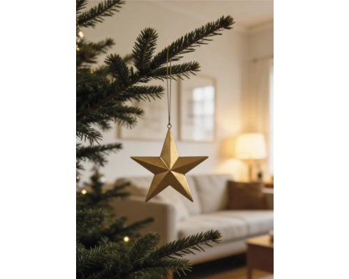 Goldener Weihnachtsanhänger in Sternform an einem Tannenbaumzweig in einem hellen Wohnzimmer mit Sofa und Lampe.