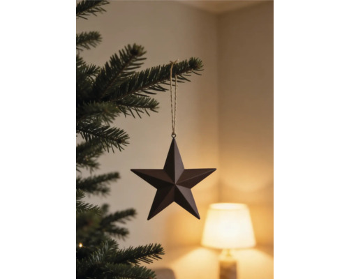 Christbaumanhänger Stern aus Metall an einem Tannenzweig hängend.