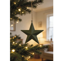Dunkelgrüner Metallstern als Weihnachtsbaumschmuck an einem Tannenbaum mit warmer Lichterkette in einem wohnlichen Zimmer.