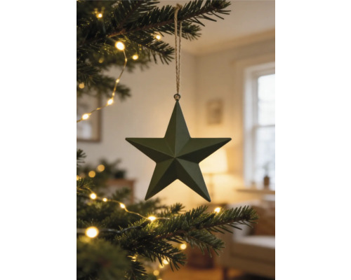 Dunkelgrüner Metallstern als Weihnachtsbaumschmuck an einem Tannenbaum mit warmer Lichterkette in einem wohnlichen Zimmer.