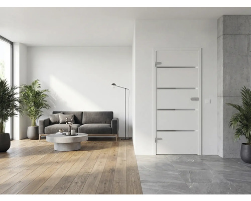 Moderne helle Wohnzimmerszene mit weißer Zimmertür mit horizontalen Streifen, grauem Sofa, Holzfußboden und Zimmerpflanzen.