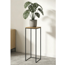 Moderner Pflanzenständer mit schwarzem Metallrahmen und hölzerner Abstellfläche, dekoriert mit einer Monstera Pflanze im grauen Topf.