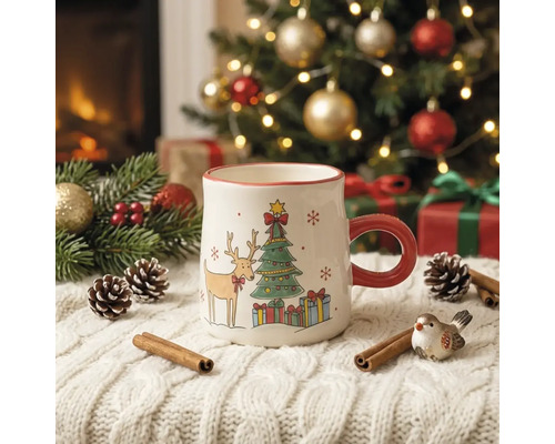 Weihnachtstasse aus Keramik mit Rentier und Tannenbaum auf einer weißen Strickdecke vor einem geschmückten Weihnachtsbaum.