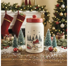 Keramikdose mit rotem Deckel und Wintermotiv mit Weihnachtsmann und Rentieren in einer weihnachtlich dekorierten Szene.